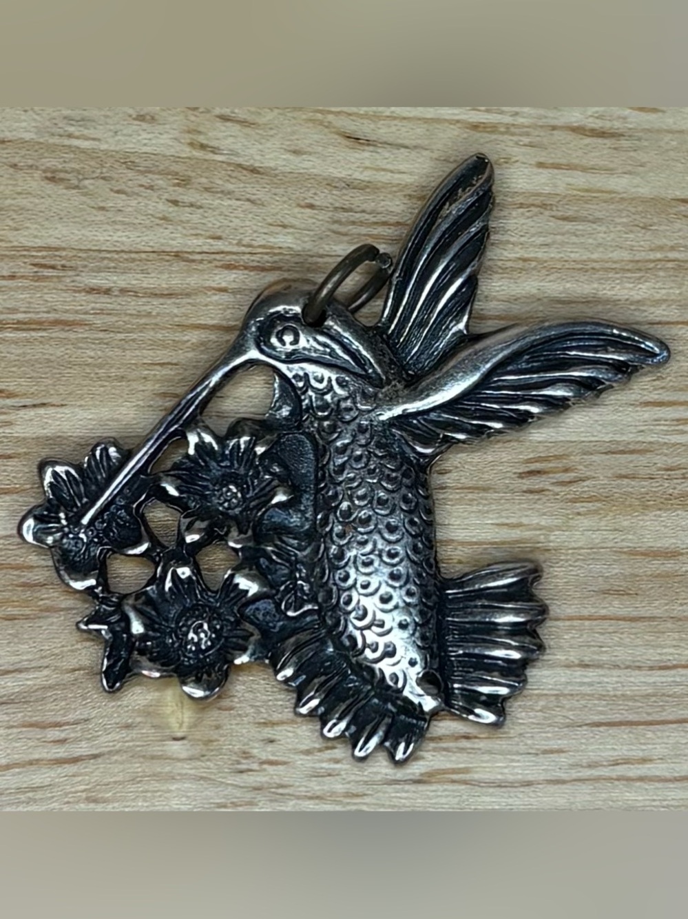 Vintage Pewter Grandmacore Hummingbird & Flowers Pendant
